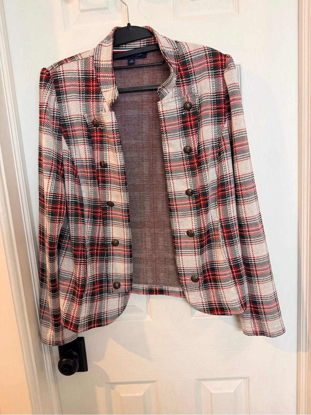 Tommy Hilfiger Plaid Military Blazer Jacket Red Navy Cream Size M - Picture 2 of 6